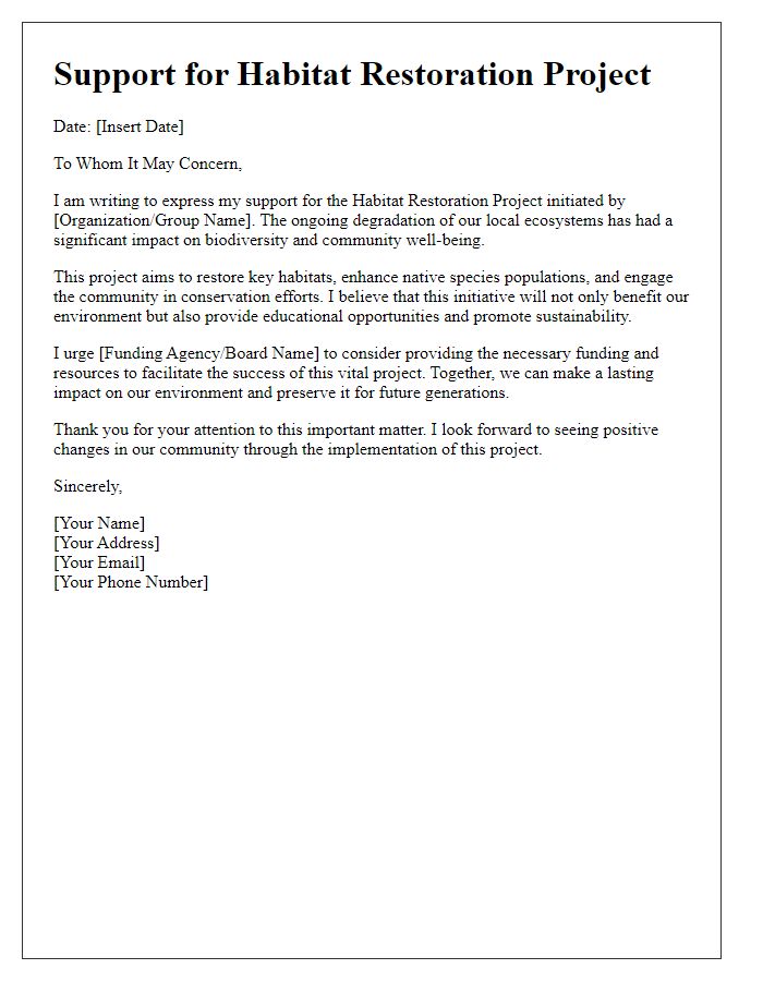 Letter template of habitat restoration project support letter