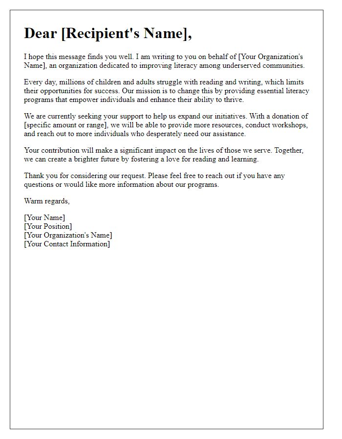 Letter template of appeal for donations to enhance literacy initiatives