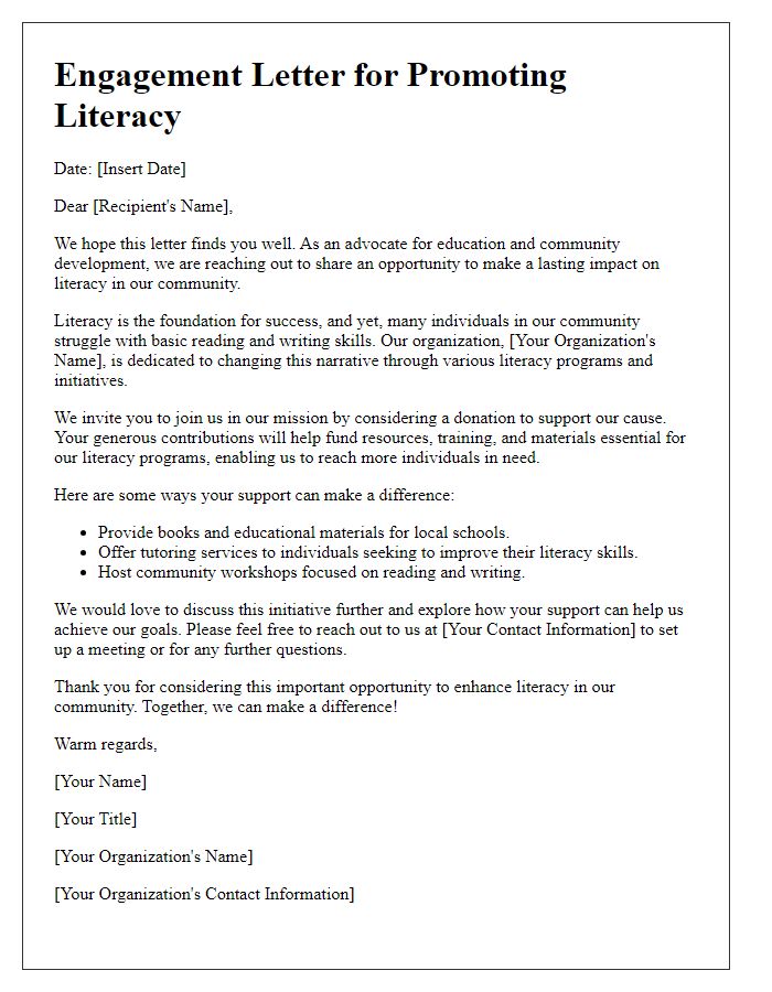 Letter template of engagement for promoting literacy through donations