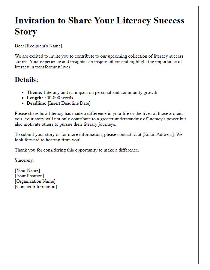 Letter template of invitation to contribute to literacy success stories