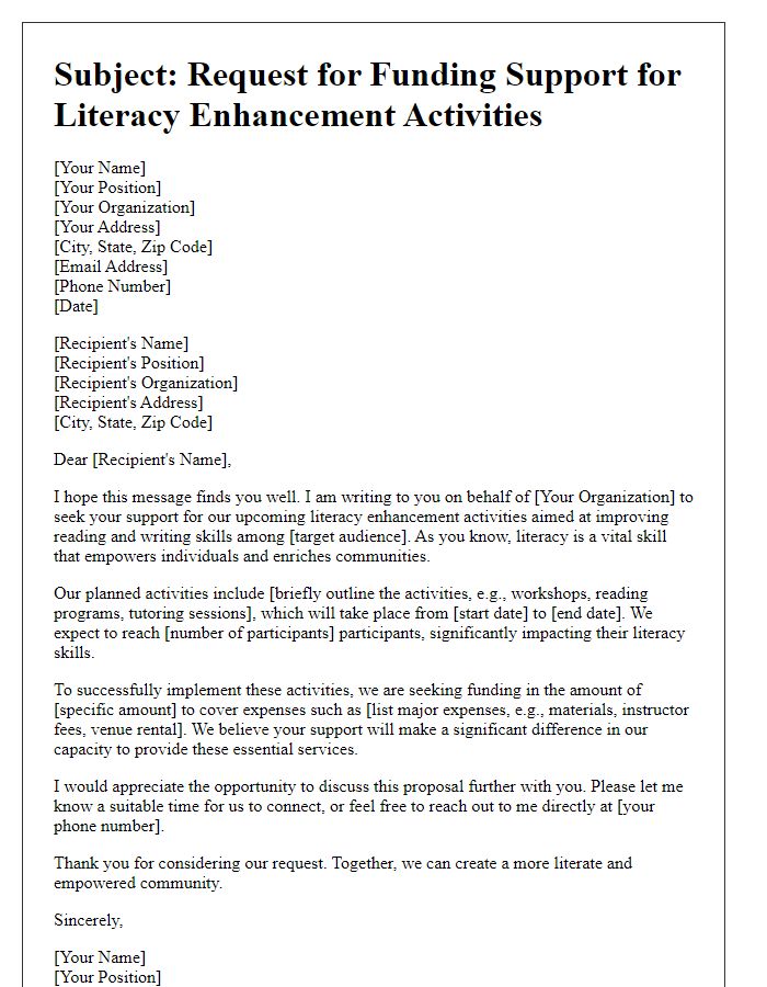 Letter template of outreach for funding literacy enhancement activities