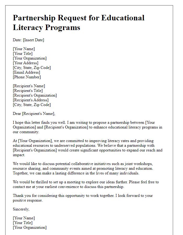 Letter template of partnership request for educational literacy programs