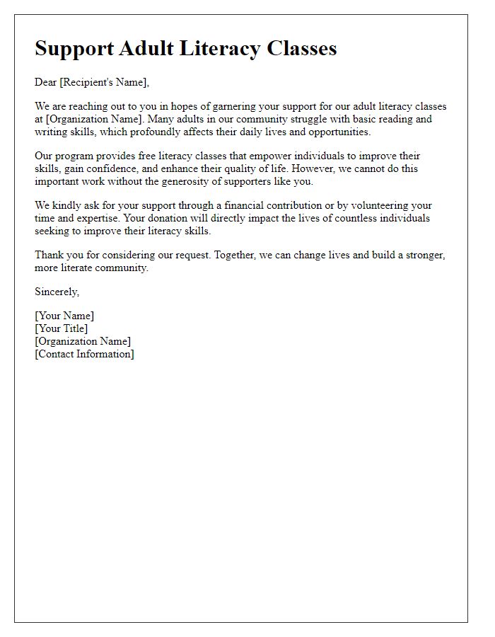 Letter template of solicitation for supporters of adult literacy classes