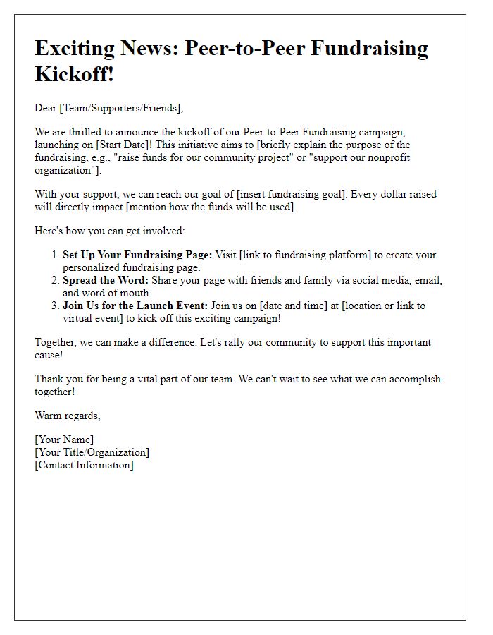 Letter template of announcement for peer-to-peer fundraising kickoff