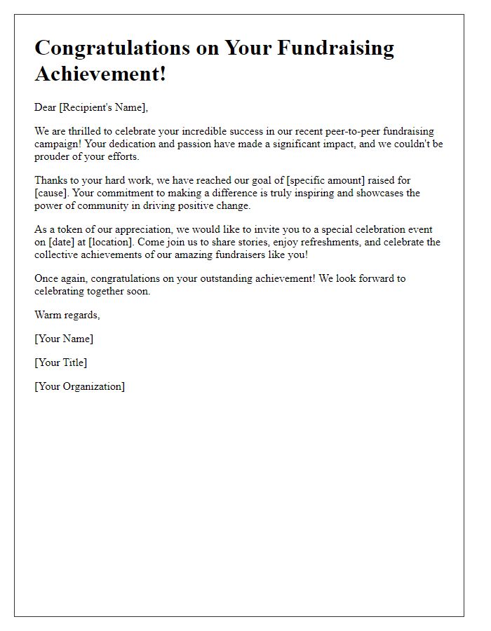 Letter template of celebration for peer-to-peer fundraising achievements