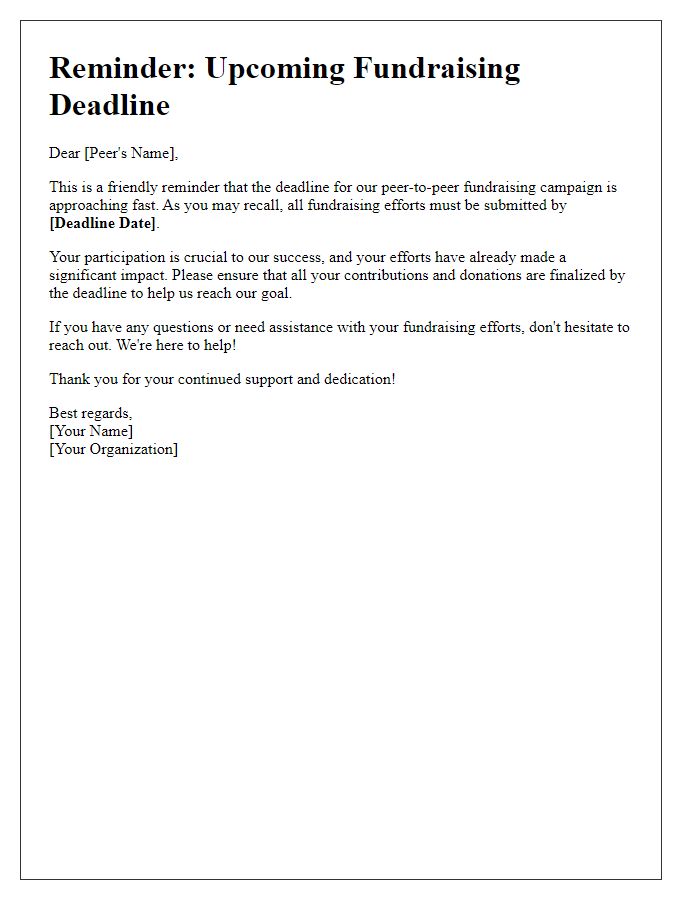 Letter template of reminder for peer-to-peer fundraising deadlines