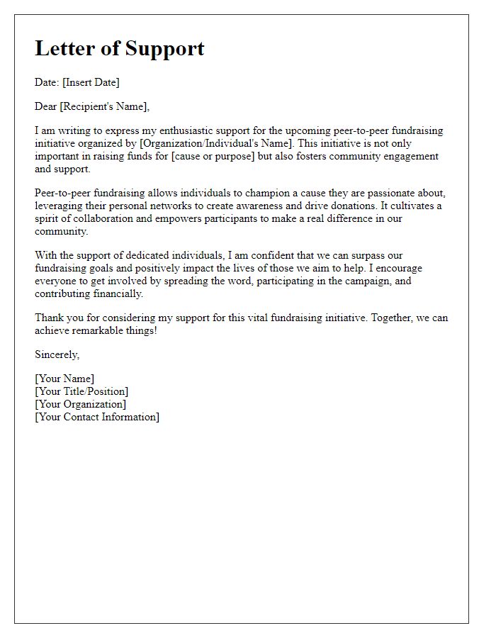 Letter template of support for peer-to-peer fundraising initiative