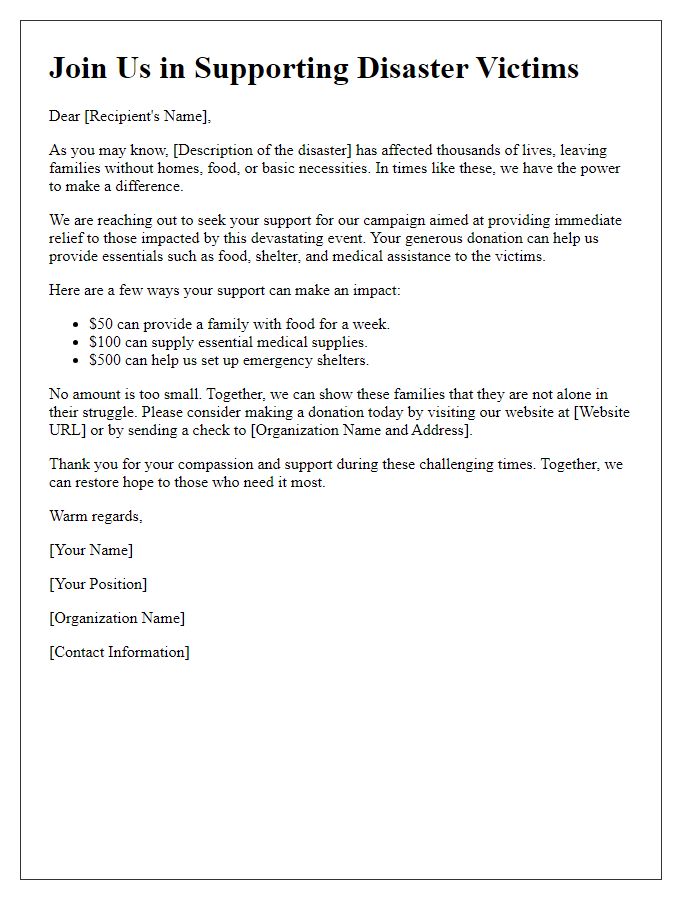 Letter template of campaign for donations to support disaster victims