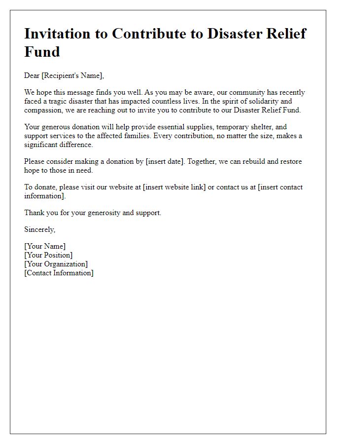 Letter template of invitation to contribute to a disaster relief fund