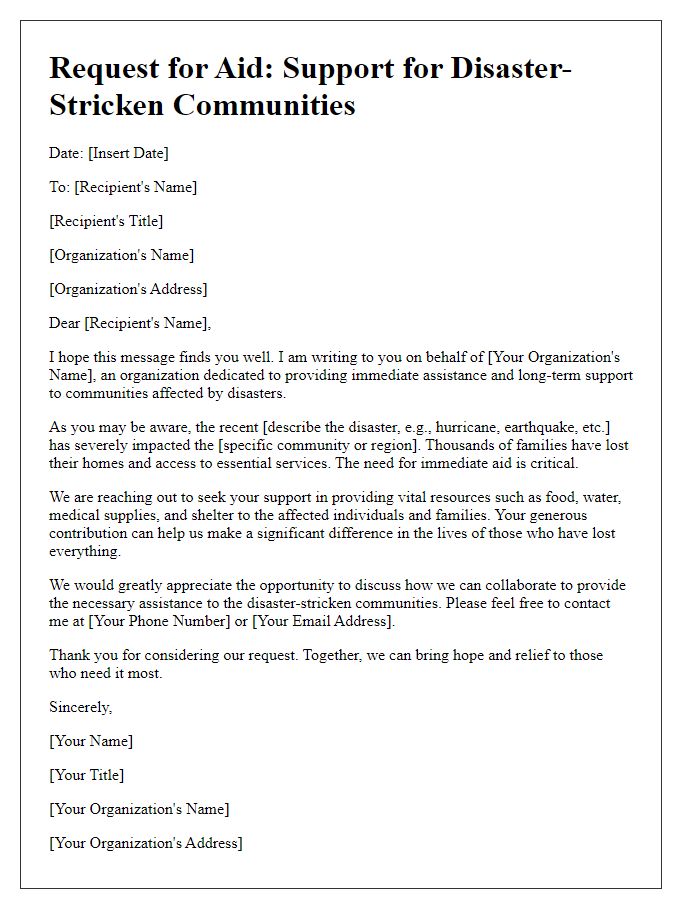 Letter template of outreach for aid to disaster-stricken communities