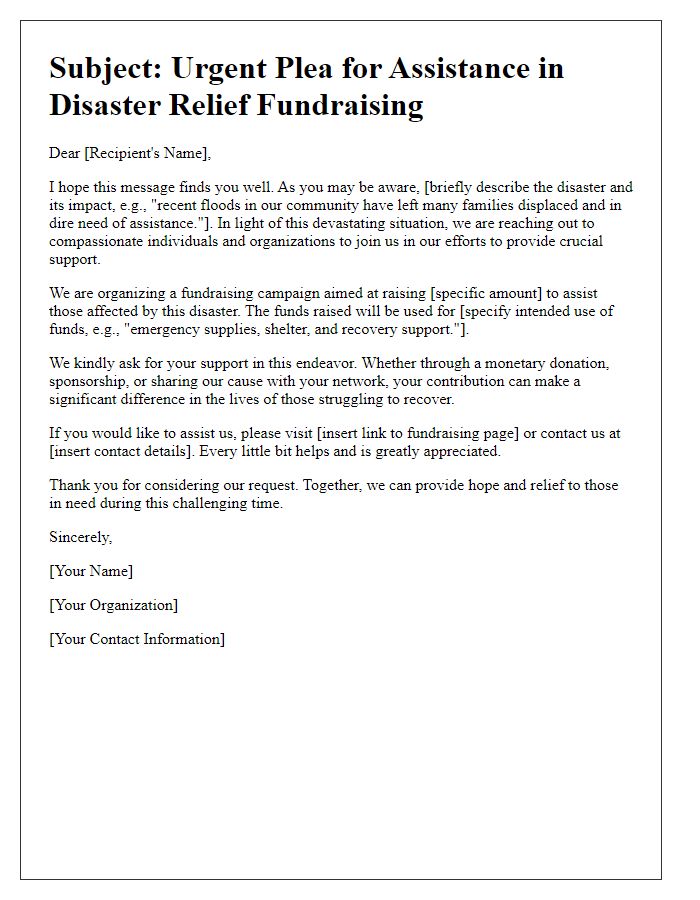 Letter template of plea for assistance in disaster relief fundraising