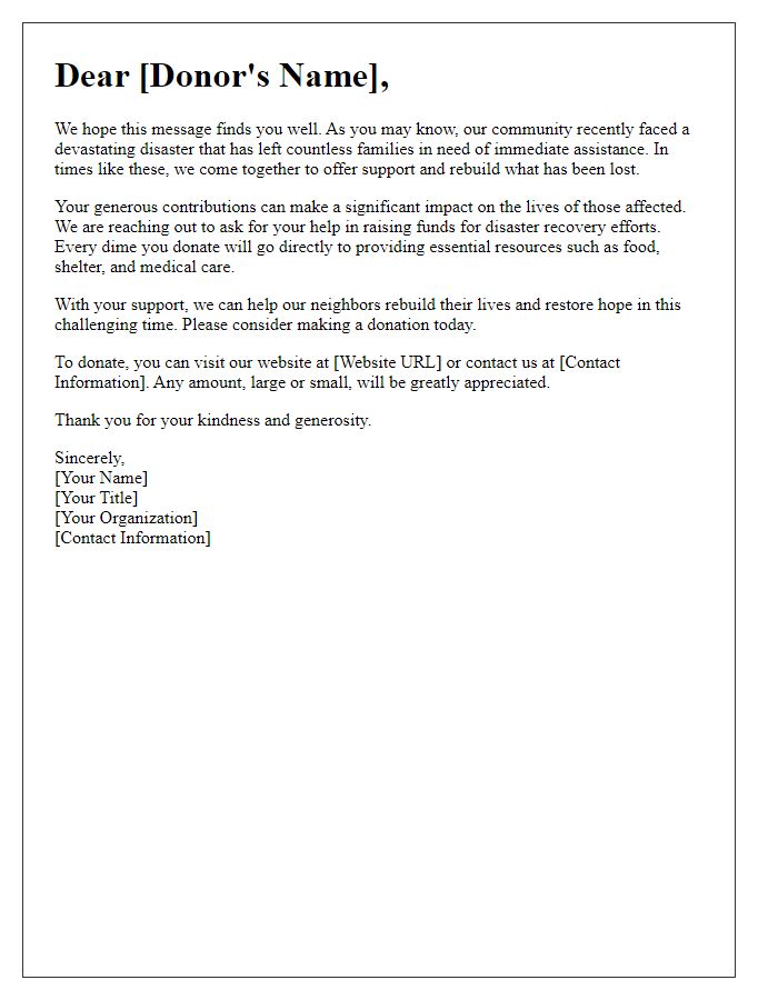 Letter template of solicitation for donations for disaster recovery