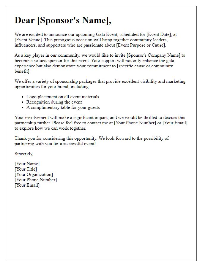 Letter template of gala event sponsorship communication for potential sponsors