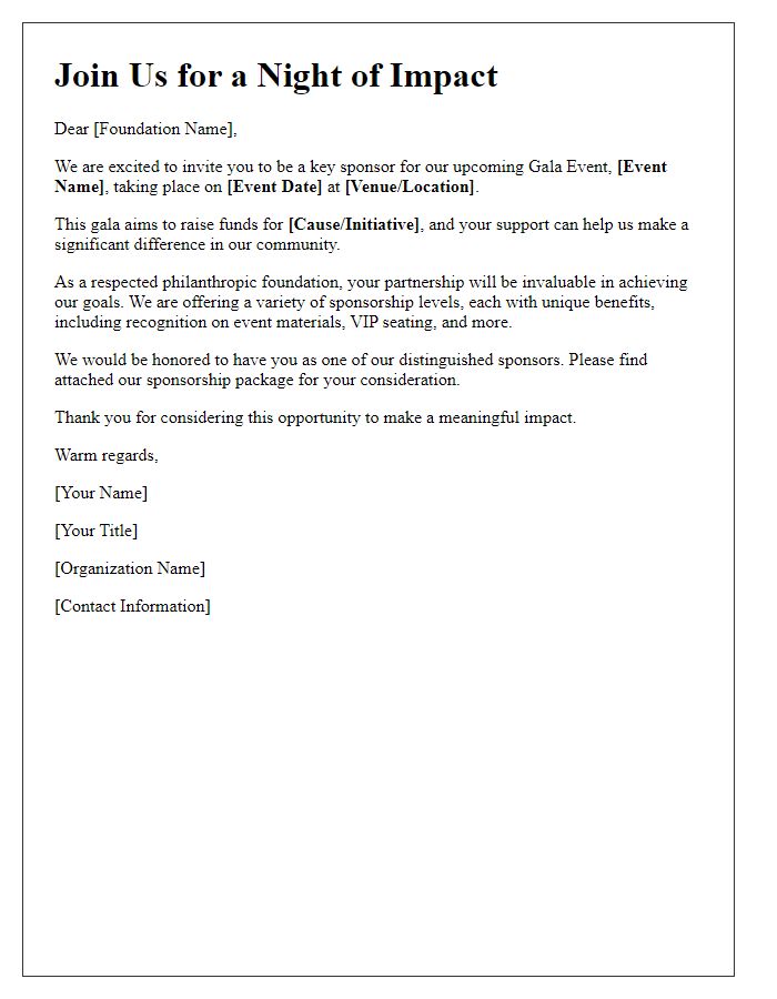 Letter template of gala event sponsorship invitation for philanthropic foundations