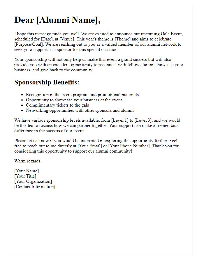 Letter template of gala event sponsorship outreach for alumni networks