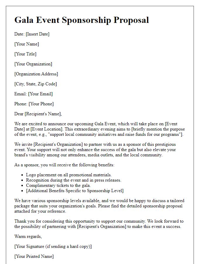 Letter template of gala event sponsorship proposal for community organizations