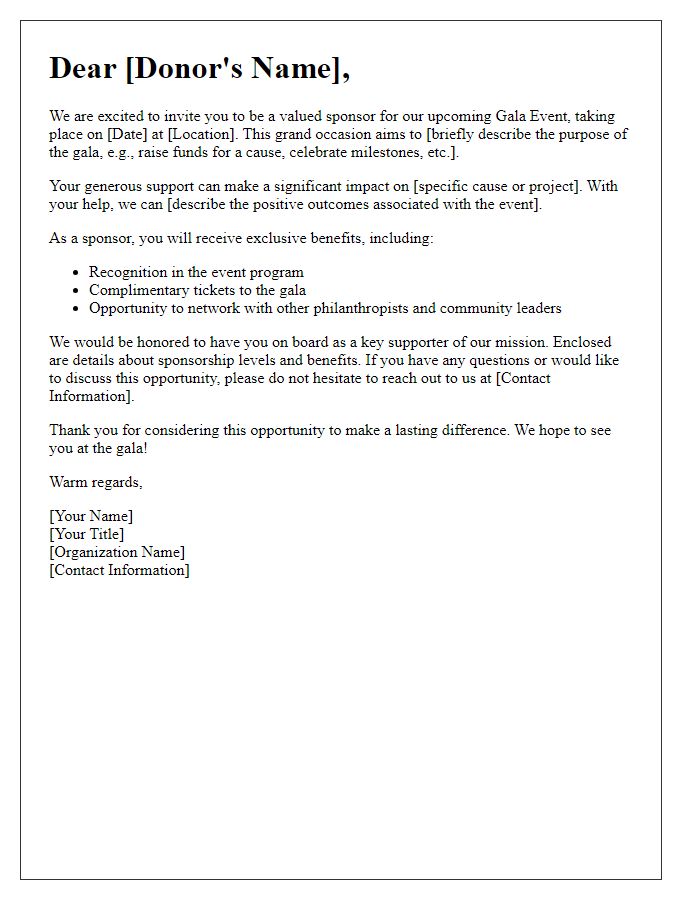 Letter template of gala event sponsorship solicitation for individual donors