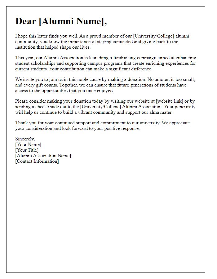 Letter template of alumni association fundraising appeal