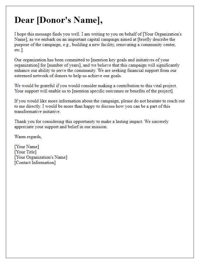 Letter template of capital campaign financial support inquiry