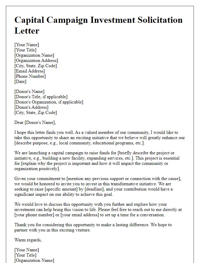 Letter template of capital campaign investment solicitation