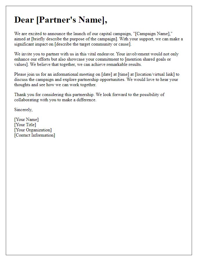 Letter template of capital campaign partnership invitation