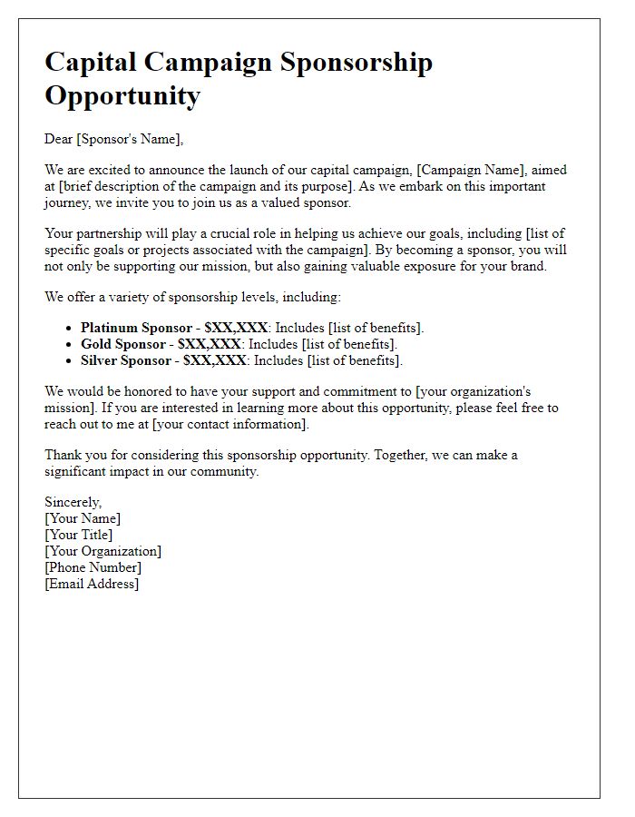 Letter template of capital campaign sponsorship opportunity