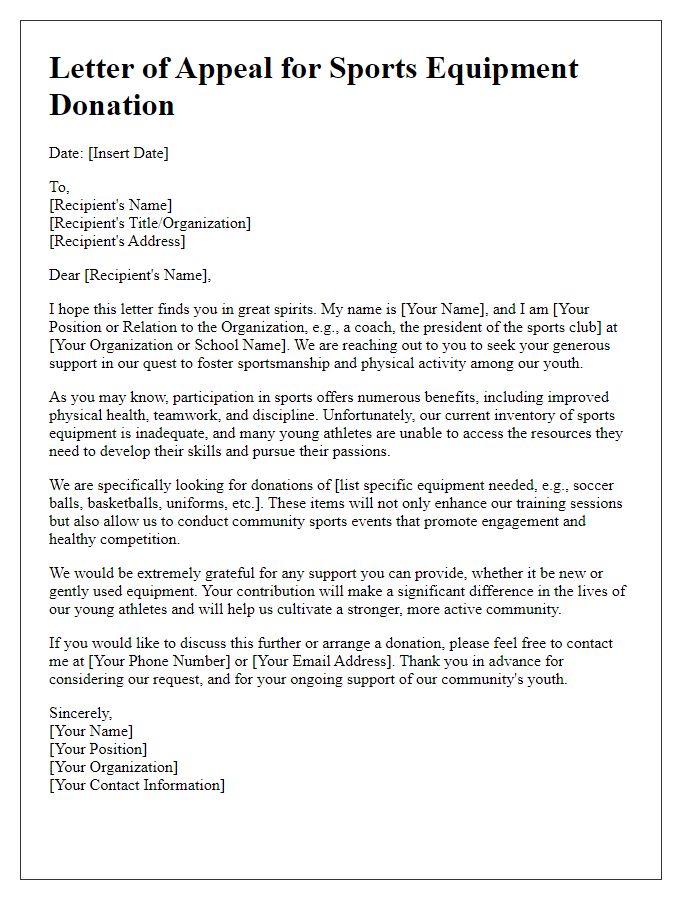 Letter template of appeal for sports equipment donation