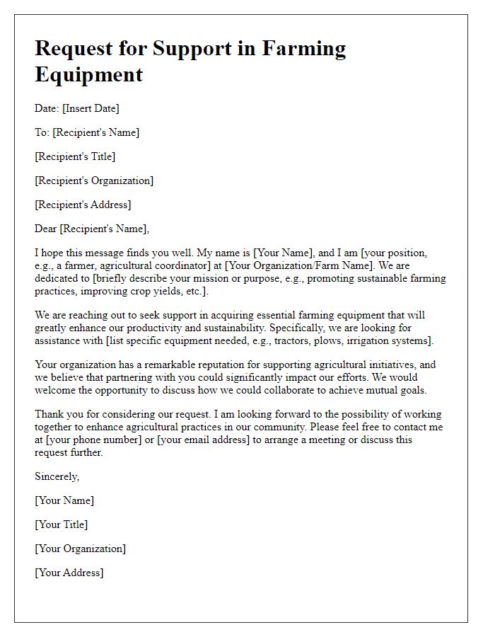 Letter template of outreach for farming equipment support