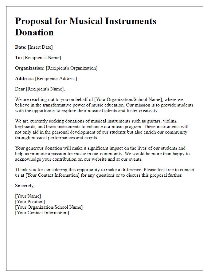 Letter template of proposal for musical instruments donation