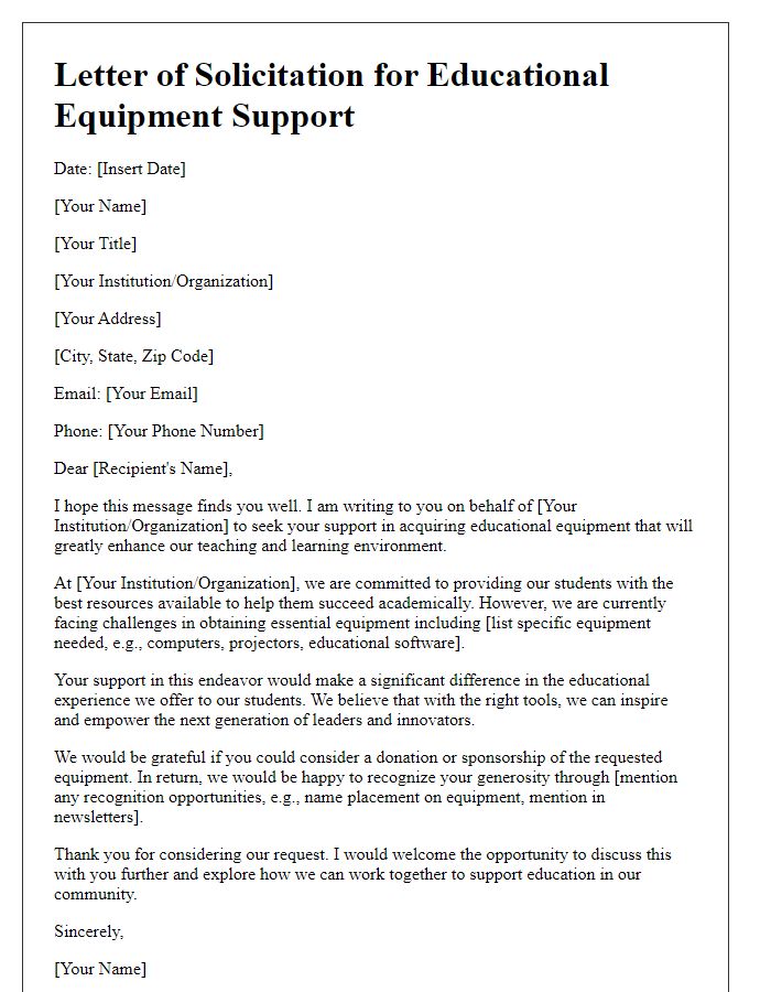 Letter template of solicitation for educational equipment support