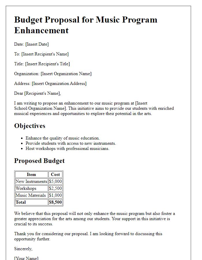 Letter template of budget proposal for music program enhancement.