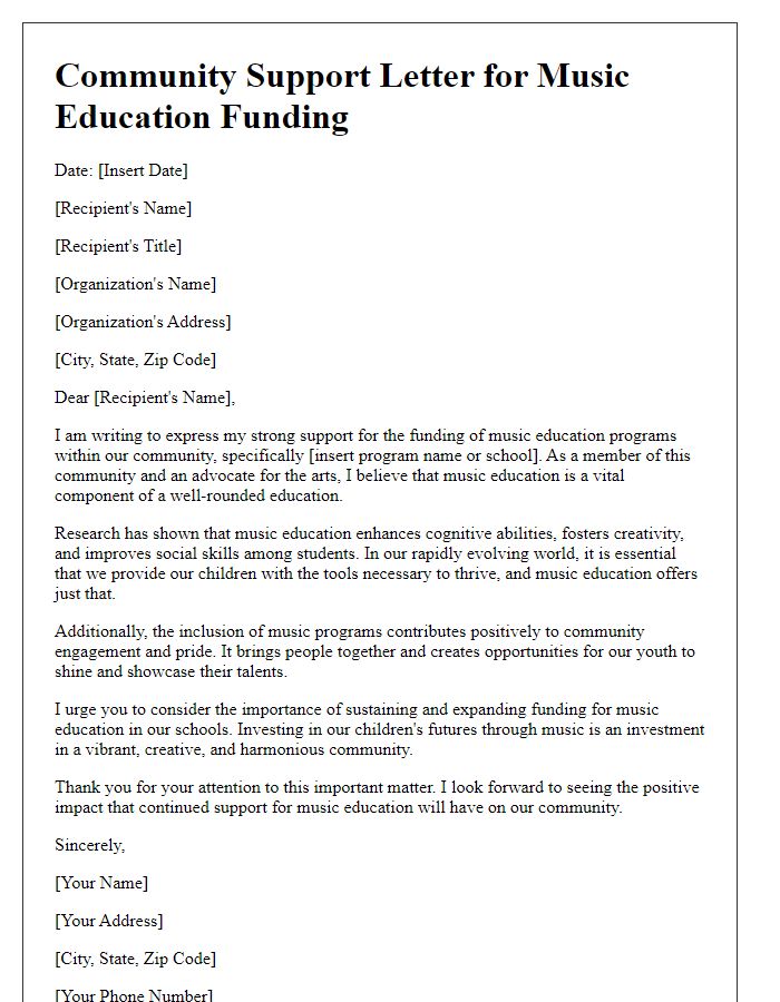 Letter template of community support letter for music education funding.