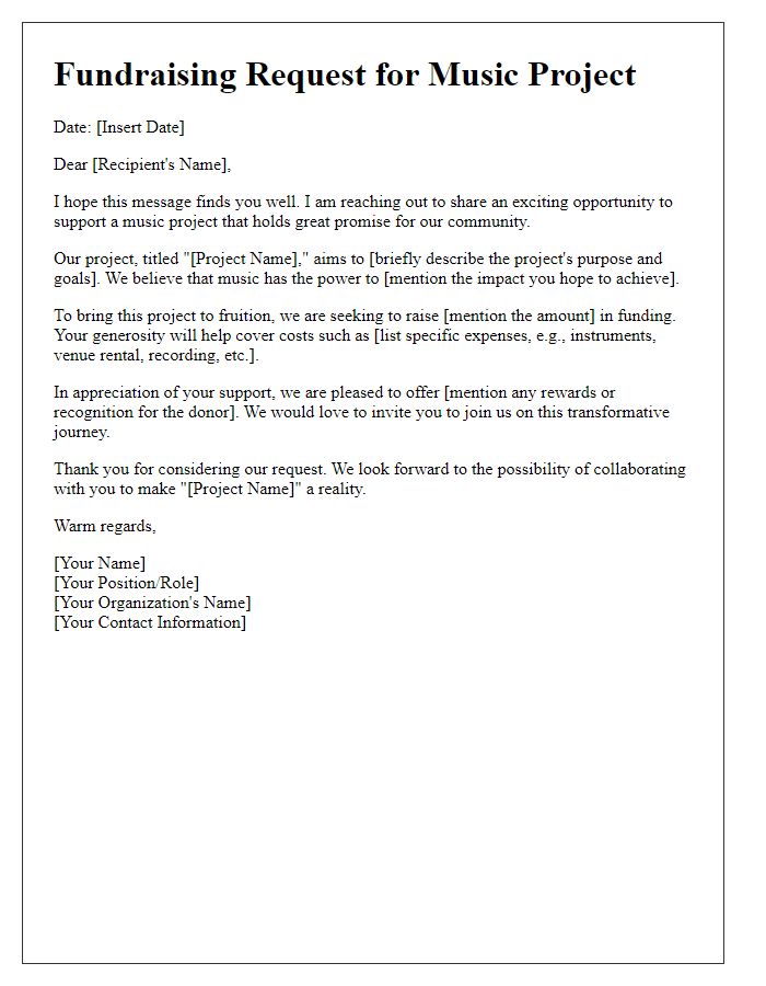 Letter template of fundraising request for music project execution.