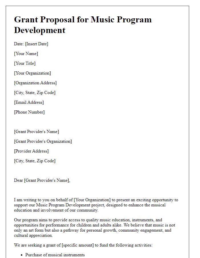 Letter template of grant proposal for music program development.