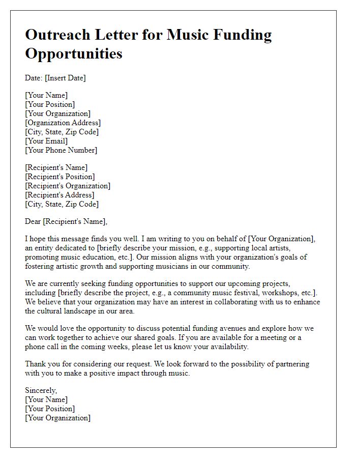 Letter template of outreach letter for music funding opportunities.