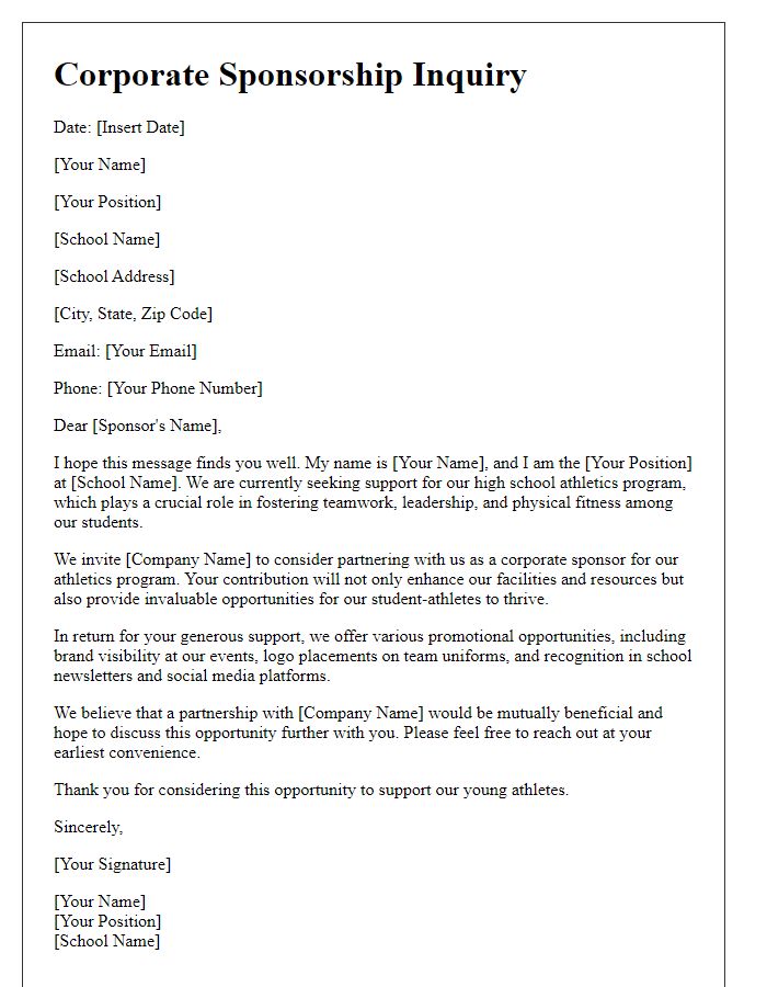 Letter template of corporate sponsorship inquiry for high school athletics.