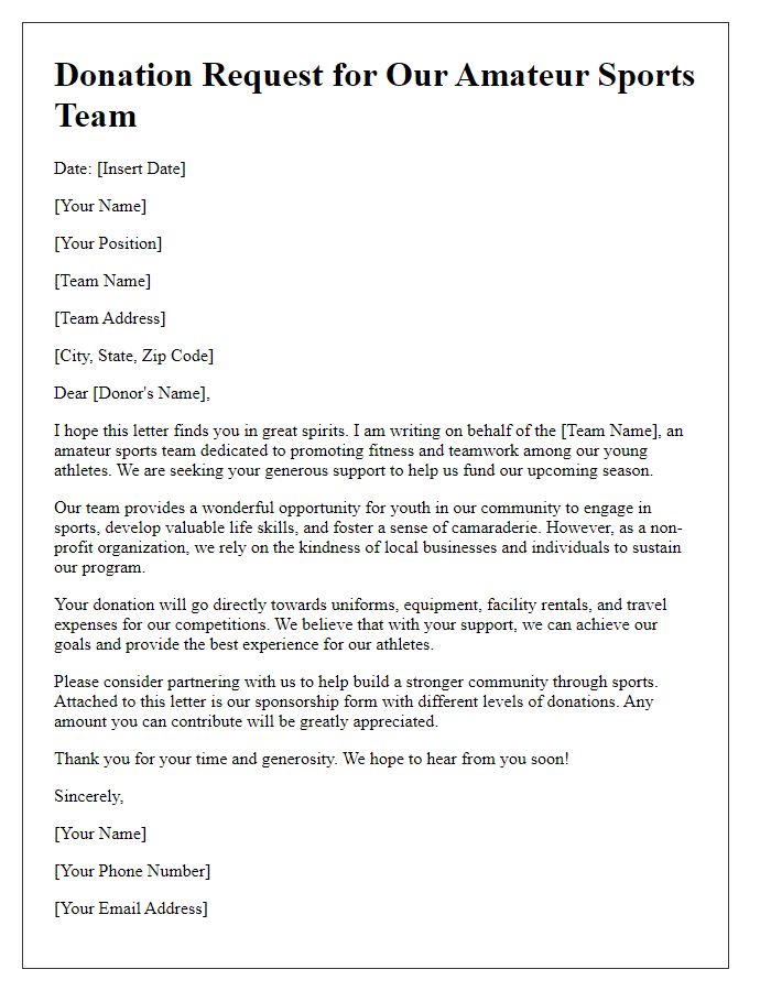 Letter template of donation request for amateur sports team.