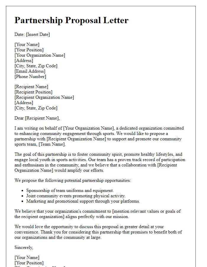 Letter template of partnership proposal for community sports team.