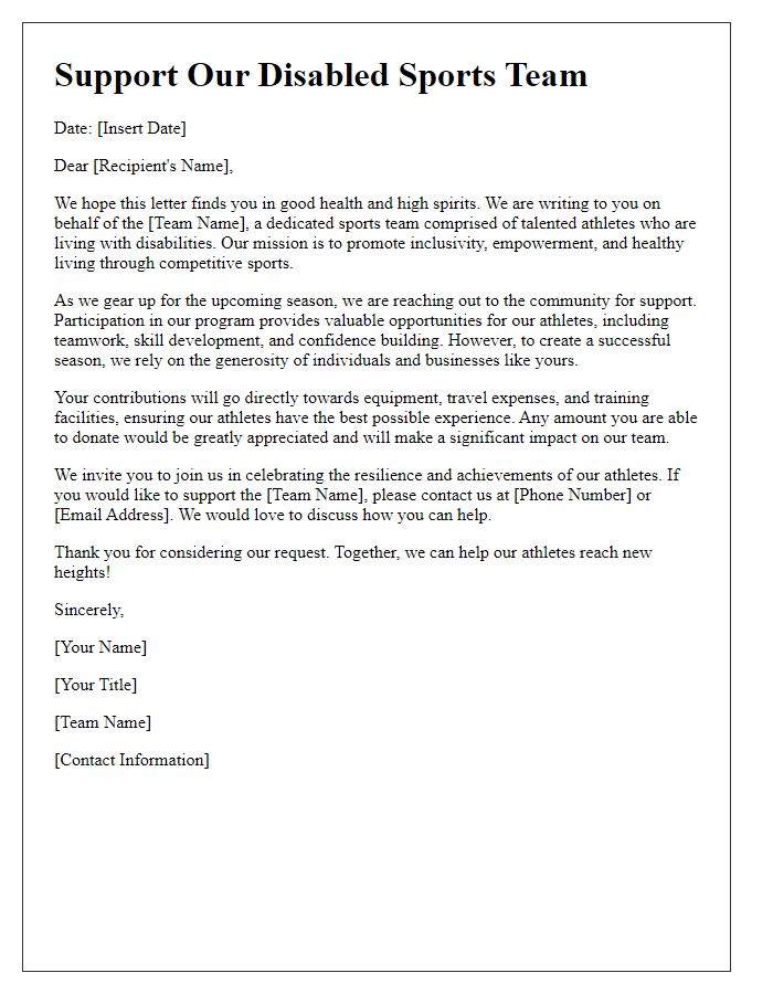 Letter template of support solicitation for disabled sports team.