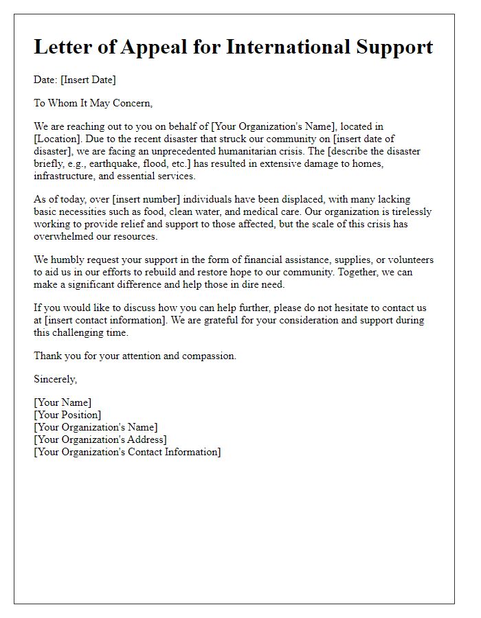 Letter template of appeal for international support for disaster relief.