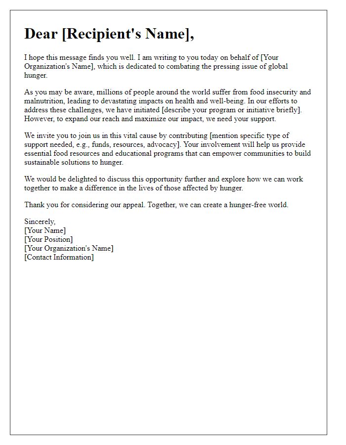 Letter template of appeal for support in addressing global hunger issues.