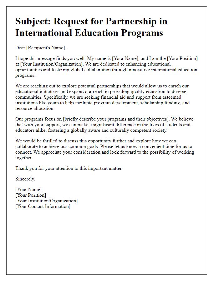 Letter template of request for aid partnerships in international education programs.