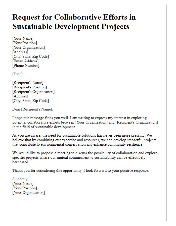 Letter template of request for collaborative efforts in sustainable development projects.