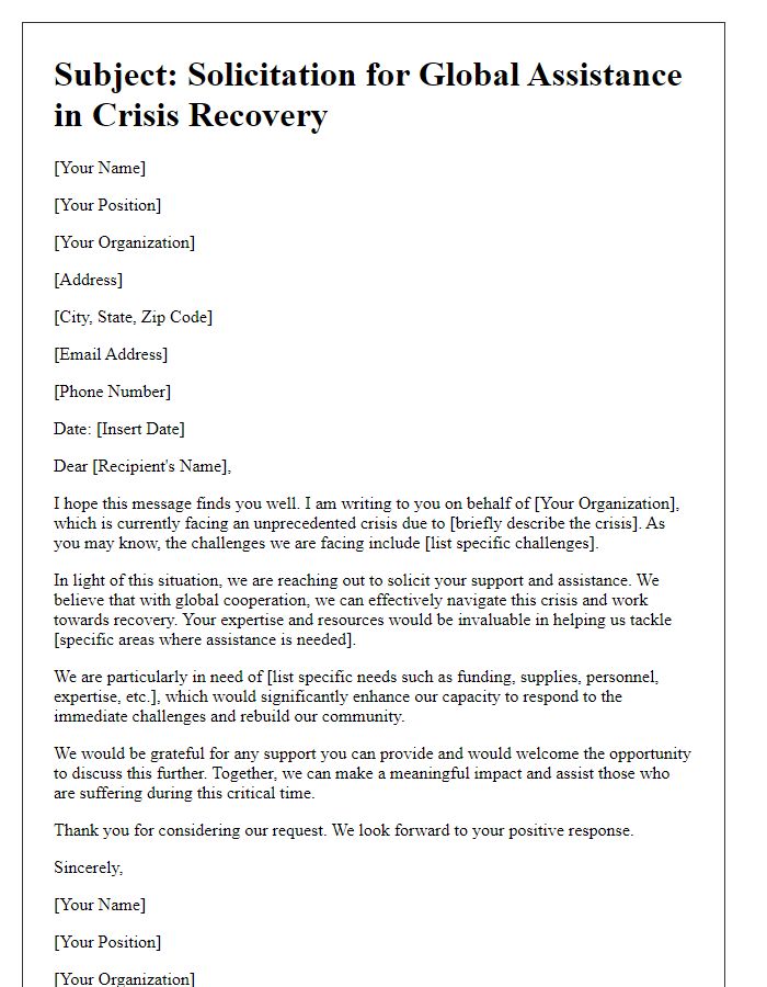 Letter template of solicitation for global assistance in crisis recovery.