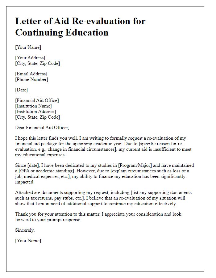 Letter template of aid re-evaluation for continuing education.