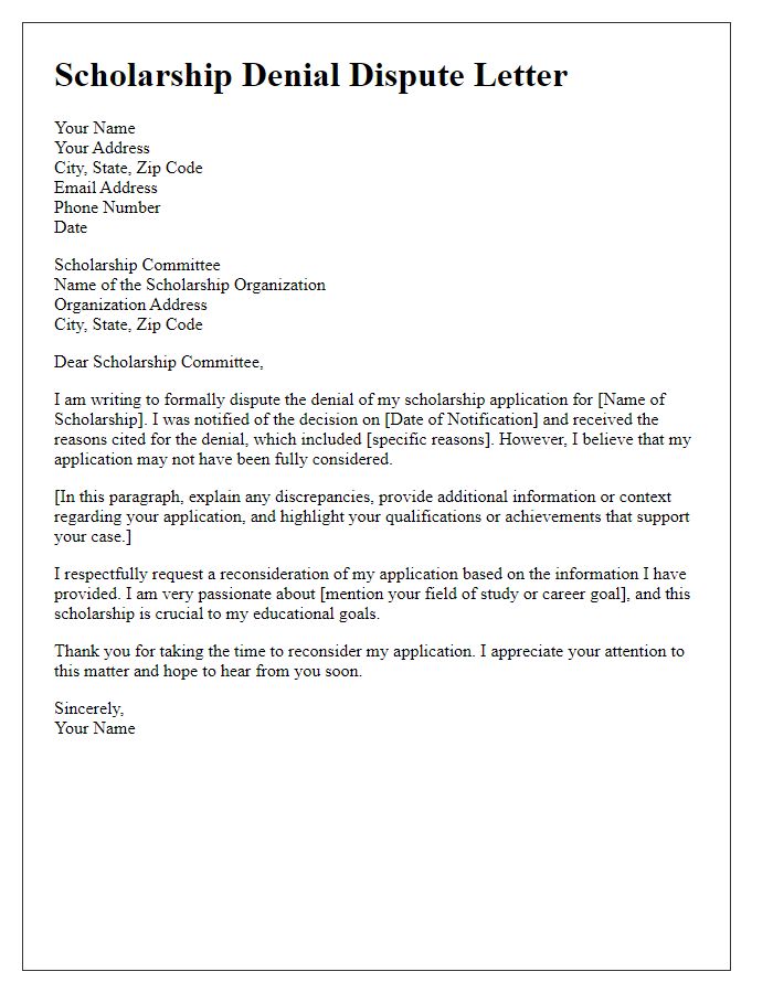 Letter template of scholarship denial dispute.