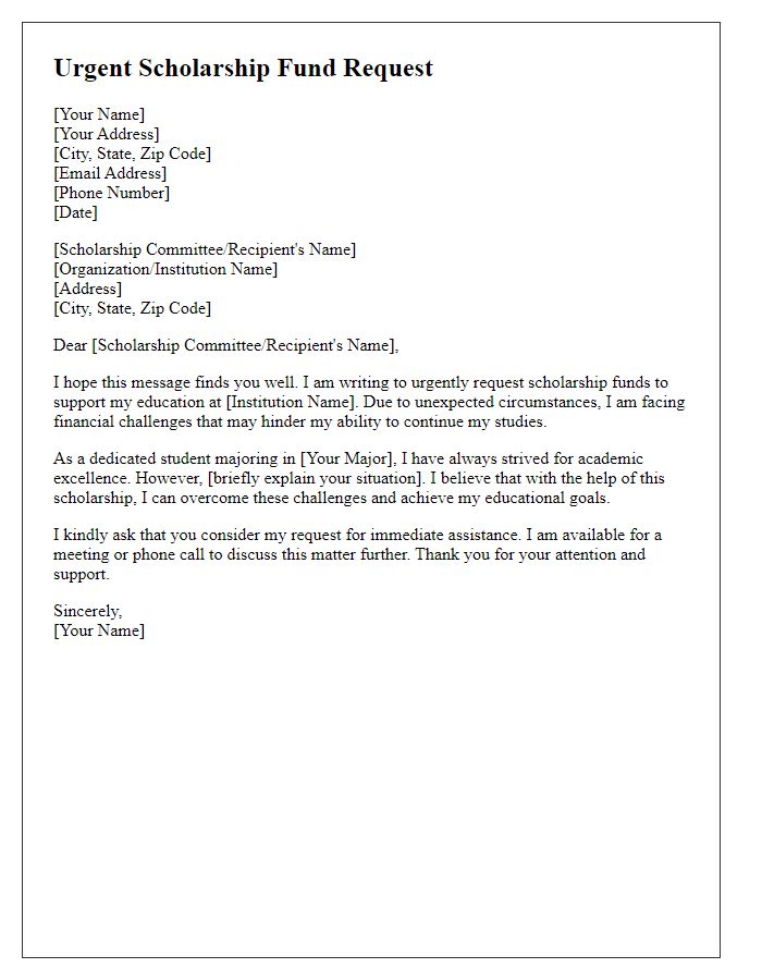 Letter template of urgency request for scholarship funds.