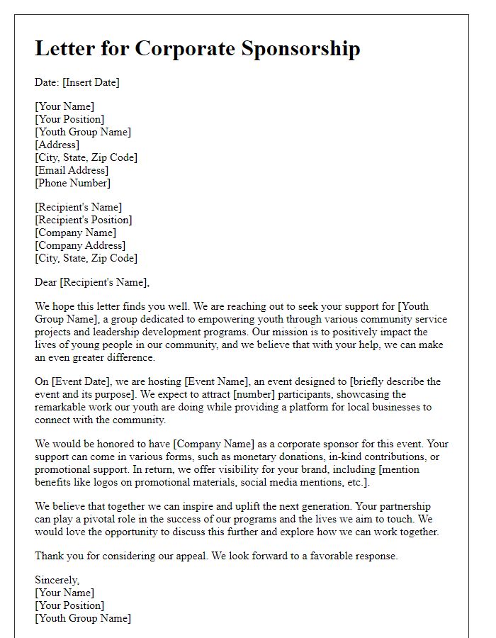 Letter template of youth group fundraising appeal for corporate sponsorship