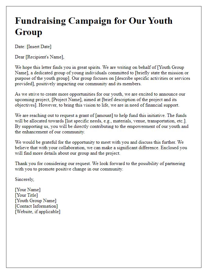 Letter template of youth group fundraising campaign for grant applications