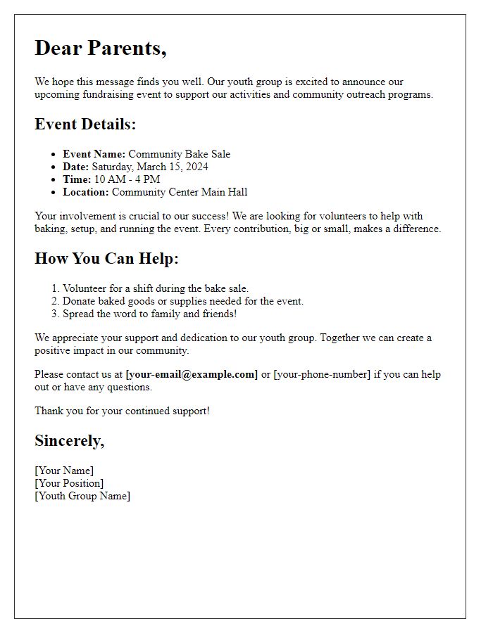 Letter template of youth group fundraising communication for parent involvement